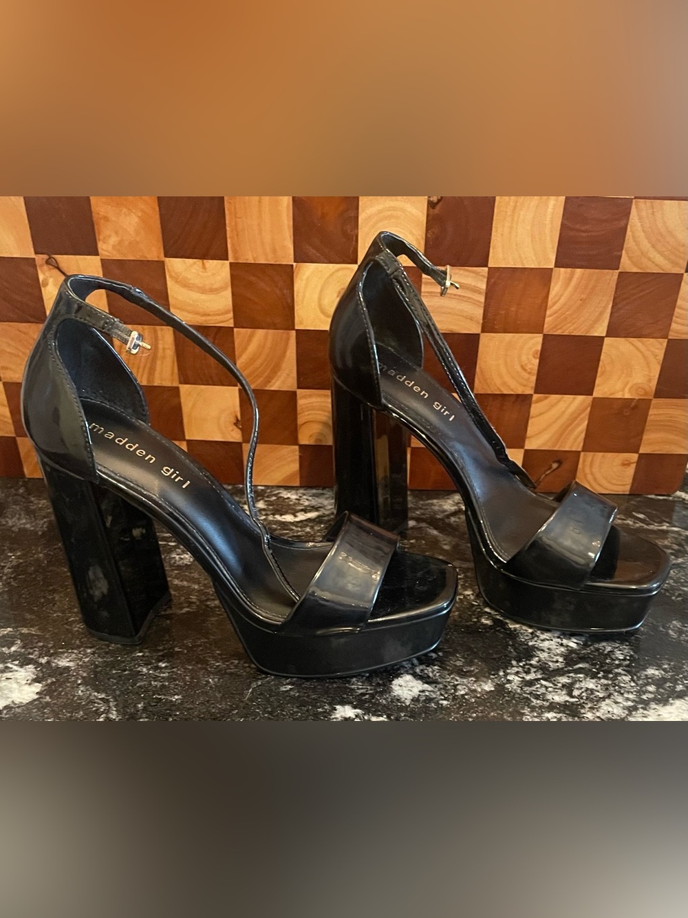 Madden Girl Black Patent Platform Heels with Ankle Strap